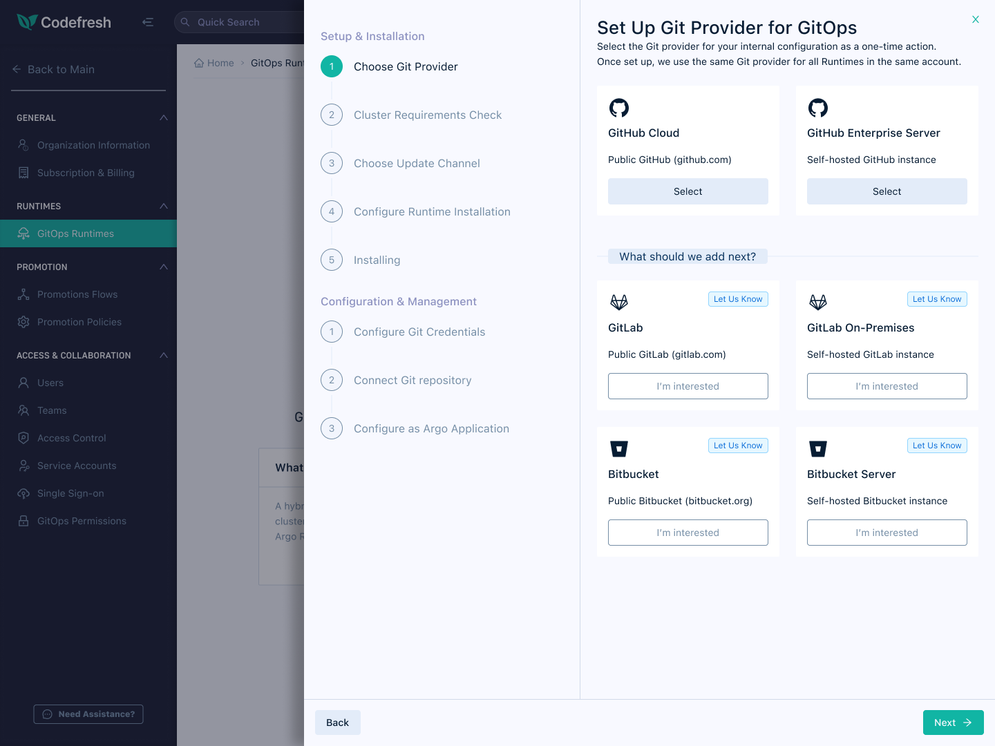 Git provider selection with interest tracking